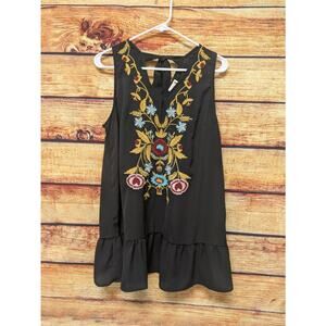 Grace & Emma Sz Large Sleeveless Black Boho Tunic Floral Embroidery EUC